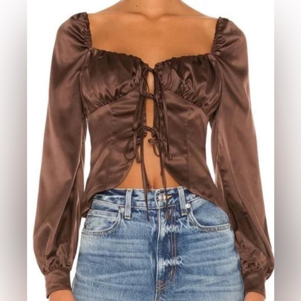 Majorelle Waldorf Top Chocolate Brown Satin Tie Front Blouse Size S